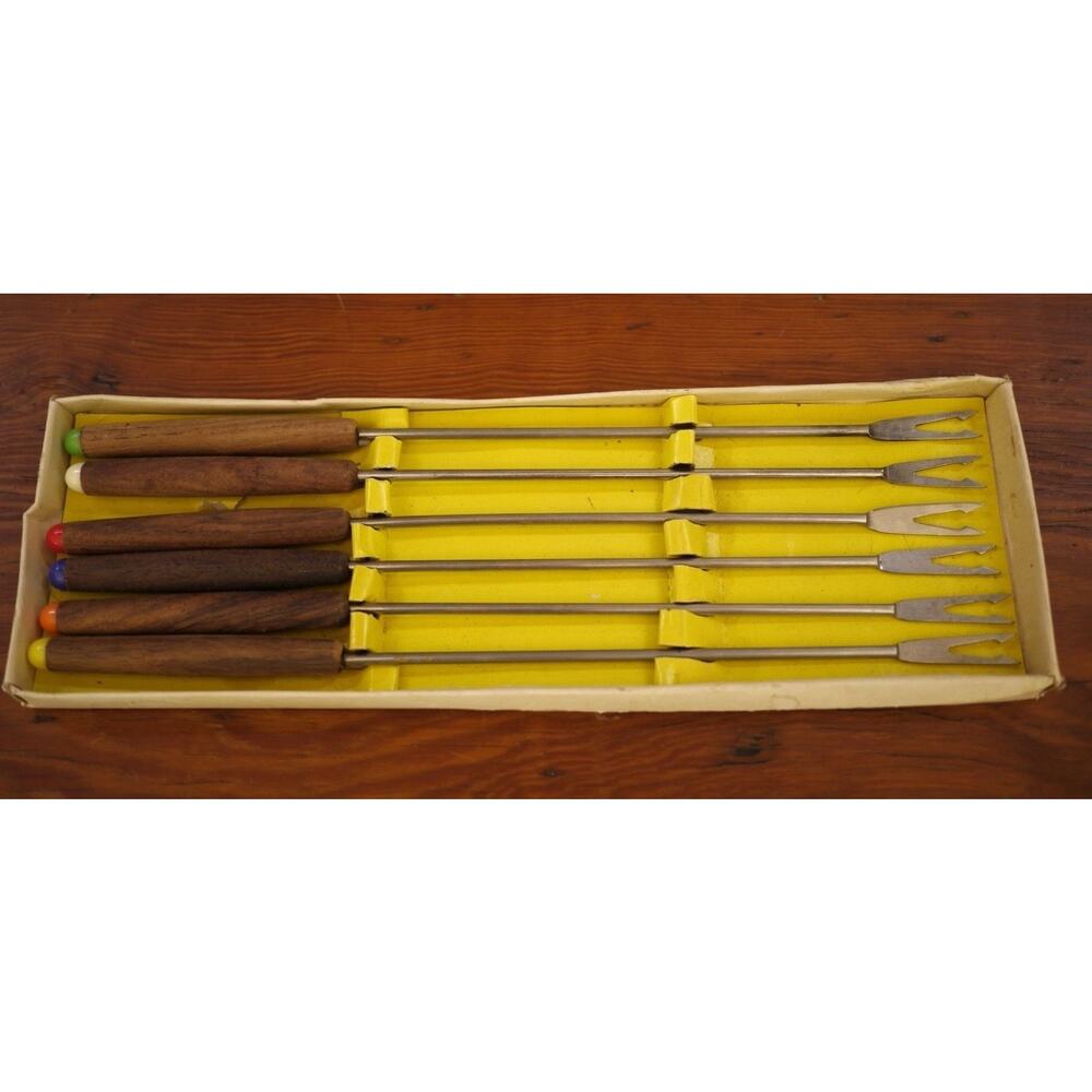 Set of 6 Vtg Mid Century Made in Japan Teak Stainless Steel Fondue Forks Only